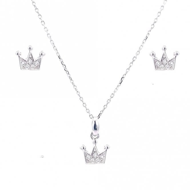 Faith Sterling Silver Sterling Silver CZ Pave Set Crown Necklace & Earrings Set 8x6mm, 16-18