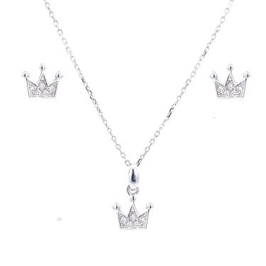 Sterling Silver CZ Pave Set Crown Necklace & Earrings Set 8x6mm, 16-18"