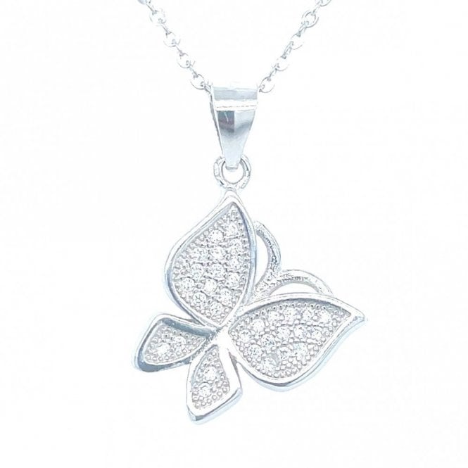 Faith Sterling Silver Sterling Silver CZ Pave Set Rubover Edge Butterfly Necklace 16mm, 16-18