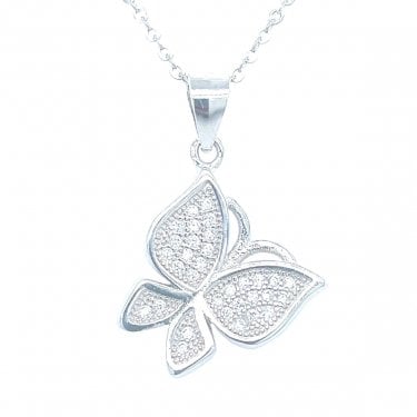 Sterling Silver CZ Pave Set Rubover Edge Butterfly Necklace 16mm, 16-18"