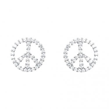 Sterling Silver CZ Peace Symbol Stud Earrings 9x9mm