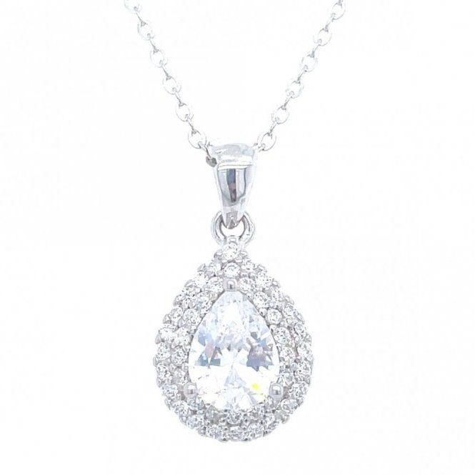 Faith Sterling Silver Sterling Silver CZ Pear Centre with Double Halo Necklace 14x10mm, 16-18