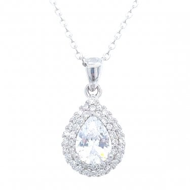 Sterling Silver CZ Pear Centre with Double Halo Necklace 14x10mm, 16-18"