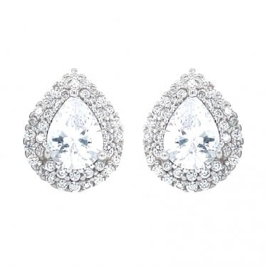 Sterling Silver CZ Pear Centre with Double Halo Stud Earrings 13x11mm
