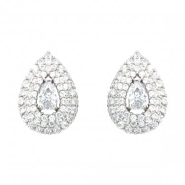 Sterling Silver CZ Pear Centre with Floating Triple Halo Stud Earrings 14x10mm