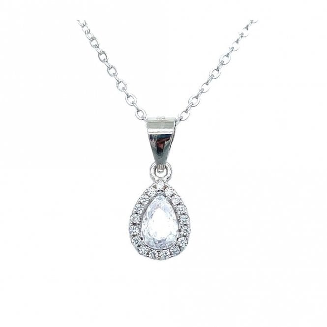 Faith Sterling Silver Sterling Silver CZ Pear Centre with Raised Pear CZ Halo Necklace 9x7mm, 16-18