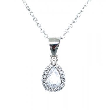 Sterling Silver CZ Pear Centre with Raised Pear CZ Halo Necklace 9x7mm, 16-18"