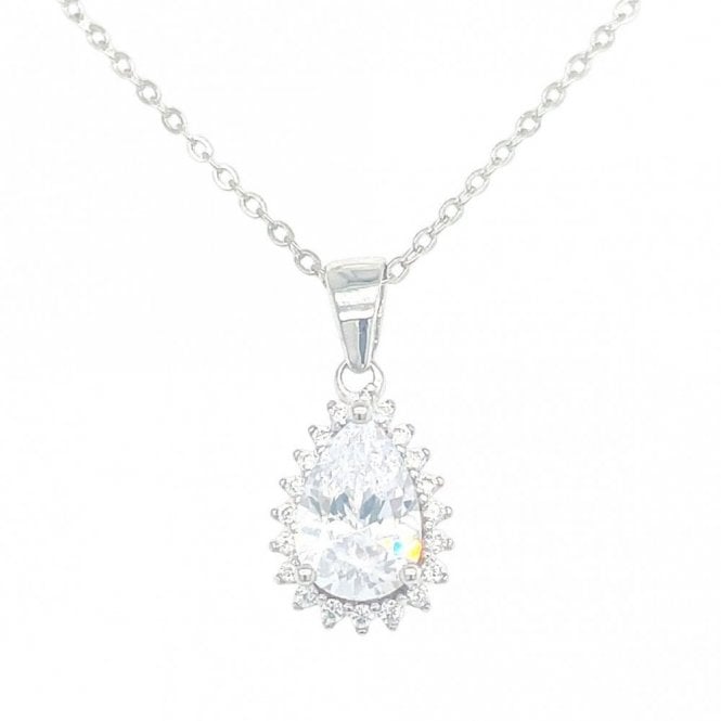 Faith Sterling Silver Sterling Silver CZ Pear Claw Set Halo Necklace 12x9mm, 16-18