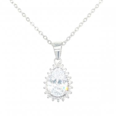 Sterling Silver CZ Pear Claw Set Halo Necklace 12x9mm, 16-18"