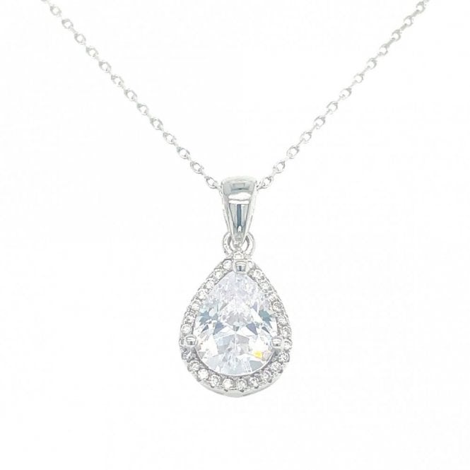 Faith Sterling Silver Sterling Silver CZ Pear Halo Necklace 13x10mm, 16-18