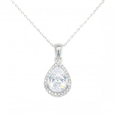 Sterling Silver CZ Pear Halo Necklace 13x10mm, 16-18"