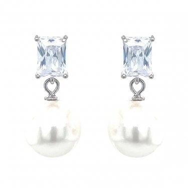 Sterling Silver CZ Pearl Drop Earrings 22x11mm