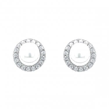 Sterling Silver CZ Pearl in Circle Stud Earrings 9x9mm