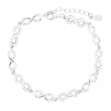 Sterling Silver CZ & Plain Alternate Infinity Bracelet 16+3cm