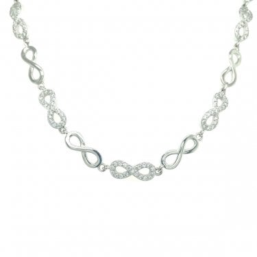 Sterling Silver CZ & Plain Alternate Infinity Necklace 41cm + 3cm
