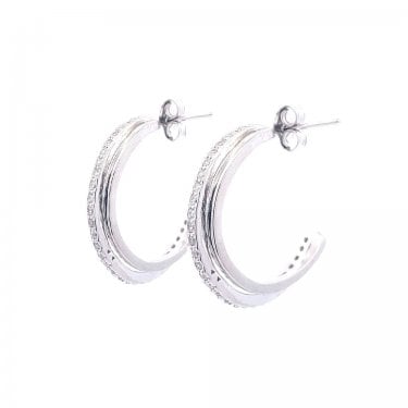 Sterling Silver CZ & Plain Double Row Hoop Earrings 20mm