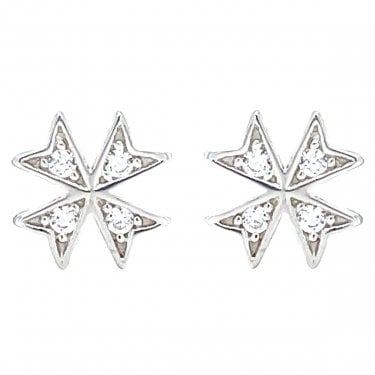 Sterling Silver CZ Pointed Edge Cross Stud Earrings 7x7mm