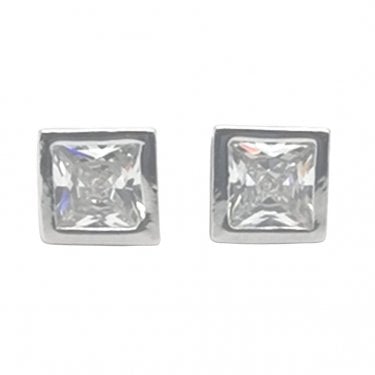 Sterling Silver CZ Princess Cut Rubover Edge 7x7mm Stud Earrings