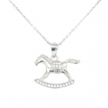 Sterling Silver CZ Rocking Horse Necklace 13x18mm, 16-18" 