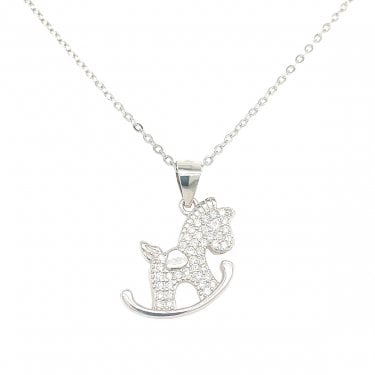 Sterling Silver CZ Rocking Horse Necklace 15x18mm, 16-18" 