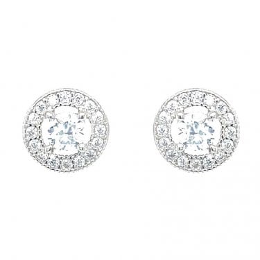 Sterling Silver CZ Round Centre Beaded Edge Halo Stud Earrings 8x8mm