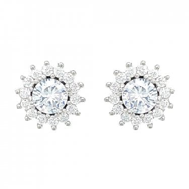 Sterling Silver CZ Round Centre Claw Set Flower Halo Stud Earrings 9x9mm