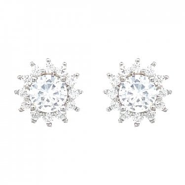 Sterling Silver CZ Round Centre Claw Set Flower Halo Stud Earrings 9x9mm
