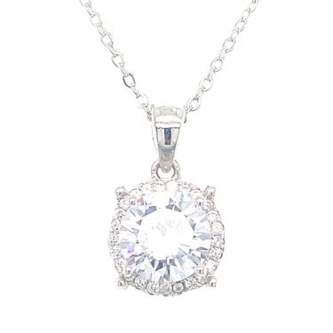Sterling Silver CZ Round Centre & CZ Halo Necklace 12x10mm, 16-18"