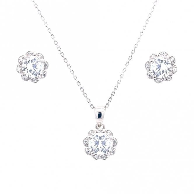 Faith Sterling Silver Sterling Silver CZ Round Centre Flower Necklace & Earrings Set 10x10mm, 16-18
