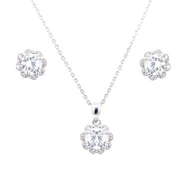 Sterling Silver CZ Round Centre Flower Necklace & Earrings Set 10x10mm, 16-18"