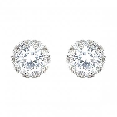 Sterling Silver CZ Round Centre with Claw Set Halo Stud Earrings 7x7mm