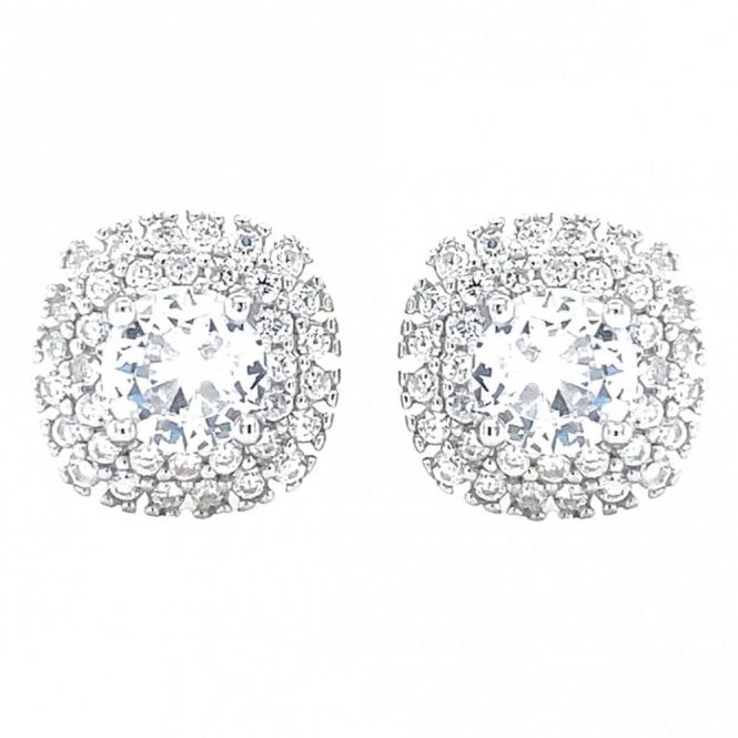 Faith Sterling Silver Sterling Silver CZ Round Centre with Double Cushion Halo Stud Earrings 10x10mm
