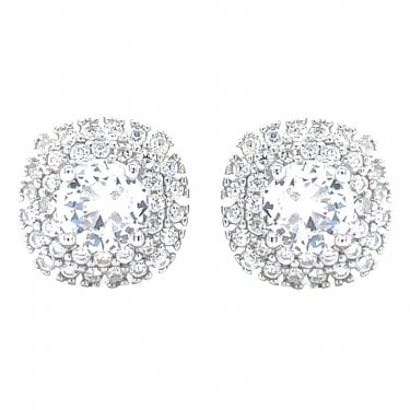 Sterling Silver CZ Round Centre with Double Cushion Halo Stud Earrings 10x10mm