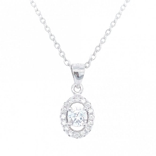 Faith Sterling Silver Sterling Silver CZ Round Centre with Floating Oval Halo Necklace 8x7mm, 16-18