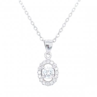 Sterling Silver CZ Round Centre with Floating Oval Halo Necklace 8x7mm, 16-18"