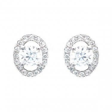 Sterling Silver CZ Round Centre with Floating Oval Halo Stud Earrings 8x7mm