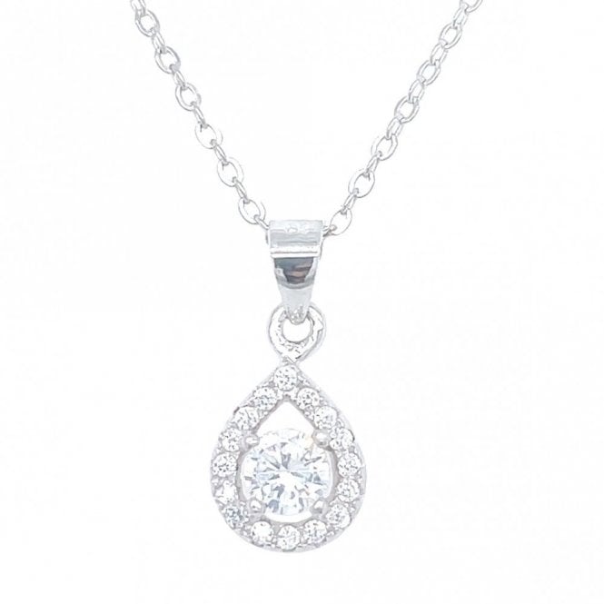 Faith Sterling Silver Sterling Silver CZ Round Centre with Floating Pear Halo Drop Necklace 9x7mm, 16-18