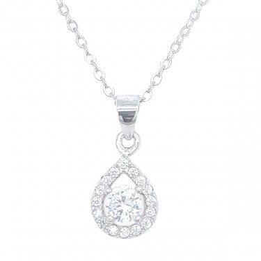Sterling Silver CZ Round Centre with Floating Pear Halo Drop Necklace 9x7mm, 16-18"