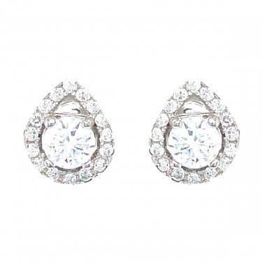 Sterling Silver CZ Round Centre with Floating Pear Halo Stud Earrings 9x7mm