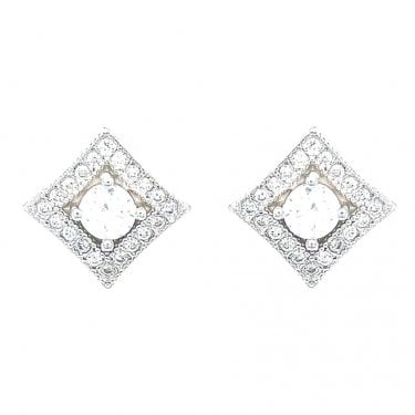 Sterling Silver CZ Round Centre with Vintage Square Halo Stud Earrings 12x12mm