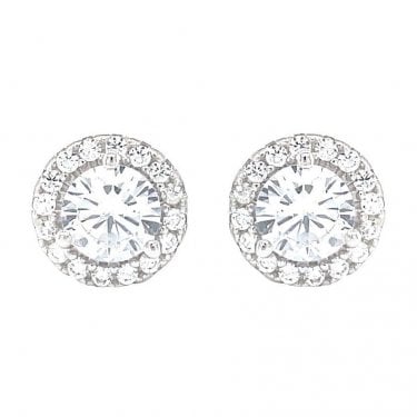 Sterling Silver CZ Round Claw Centre with Halo Stud Earrings 9x9mm