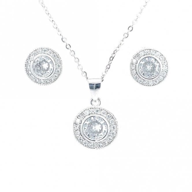 Faith Sterling Silver Sterling Silver CZ Round Halo Necklace & Earrings Set 11x11mm, 16-18