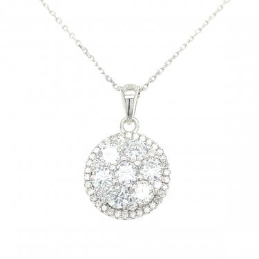 Sterling Silver CZ Round Illusion Set Halo Necklace 13x13mm, 16-18"