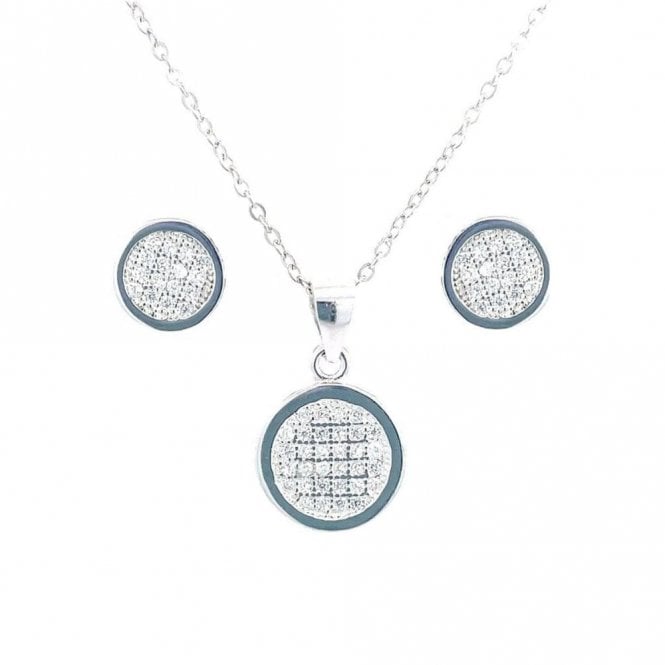 Faith Sterling Silver Sterling Silver CZ Round Pave Set Necklace & Earrings Set 11x11mm, 16-18