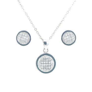 Sterling Silver CZ Round Pave Set Necklace & Earrings Set 11x11mm, 16-18"