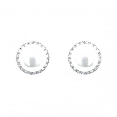 Sterling Silver CZ Round Pearl Stud Earrings 10x10mm