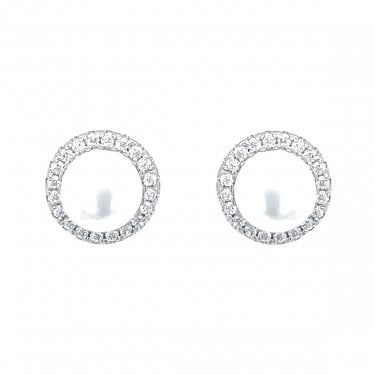 Sterling Silver CZ Round Pearl Stud Earrings 9x9mm
