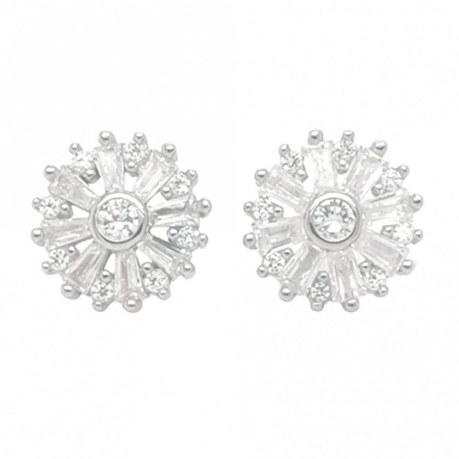 Faith Sterling Silver Sterling Silver CZ Round Rubover Centre with Open Baguette Flowers into CZ Halo 10x10mm Stud Earrings