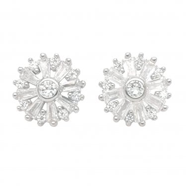 Sterling Silver CZ Round Rubover Centre with Open Baguette Flowers into CZ Halo 10x10mm Stud Earrings