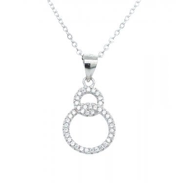 Sterling Silver CZ Round with Open CZ Circle Drop Necklace 15x12mm, 16-18"